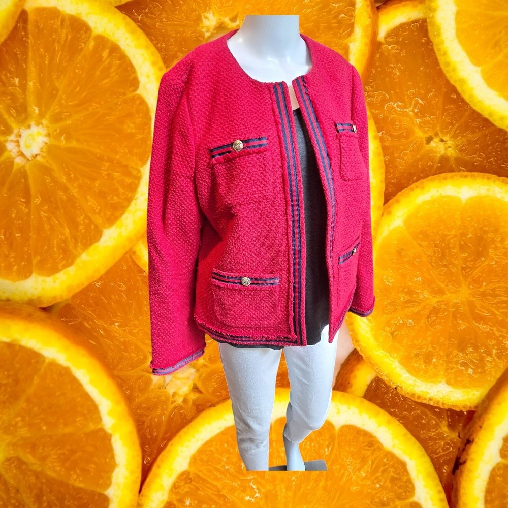 Talbots Boucle Blazer Jacket Tweed Career Office Coat Pink Blue Trim 14‎
